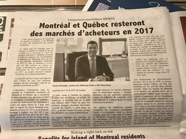 Article de journal sur le marché immobilier de 2017, avec la photo de Charles Perreault