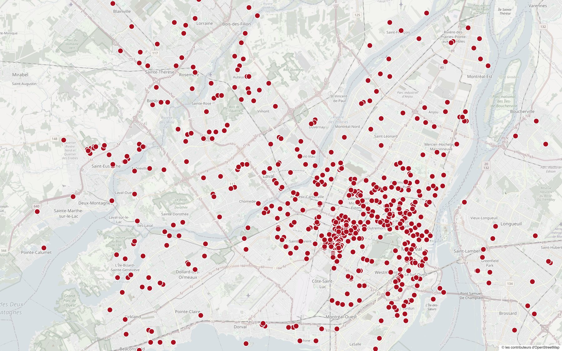 Carte du Grand Montréal couverte de points rouges : les propriétés des clients de Charles Perreault, de Laval à la Rive-Sud et de l'Ouest-de-l'Île à l'est de Montréal